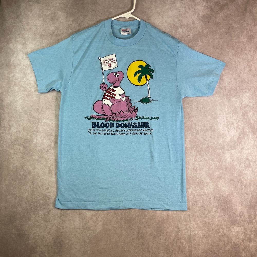 VINTAGE Blood Donor Donasour Shirt Adult Large Blue Single Stitch Tee USA 80s